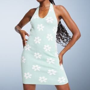 Hollister Green Floral Halter Mini Dress Daisy Print Knit Size Large